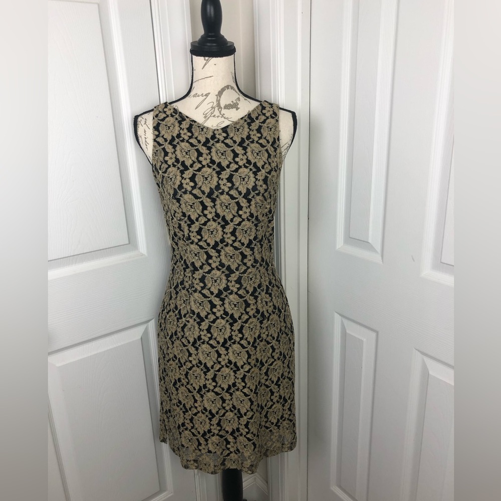 KAREN KANE Gold Lace Overlay Black Lining Dress Size 6